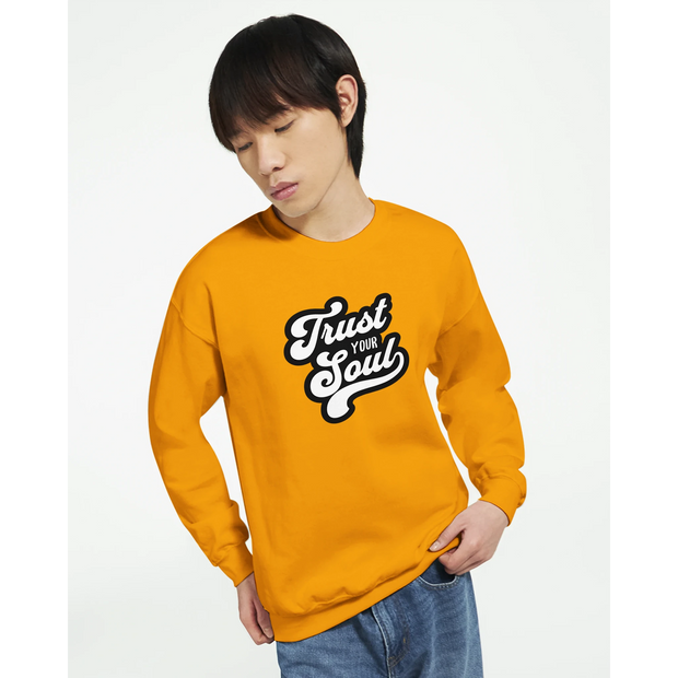 Bold typography sweatshirt promoting soulful confidence and belief

