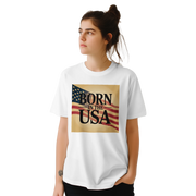 White T‑shirt featuring large USA slogan graphic design