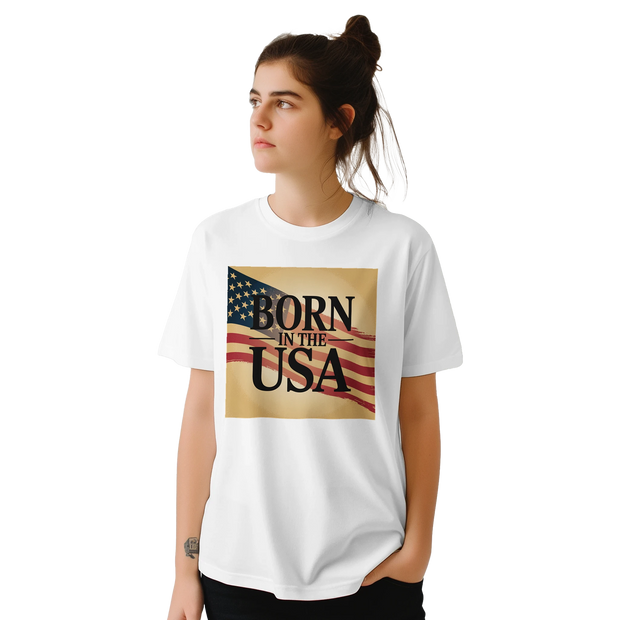 White T‑shirt featuring large USA slogan graphic design