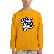 Close-up of positive mantra design on sweatshirt sleeve and body