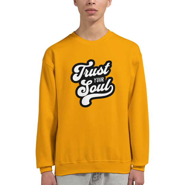 Close-up of positive mantra design on sweatshirt sleeve and body