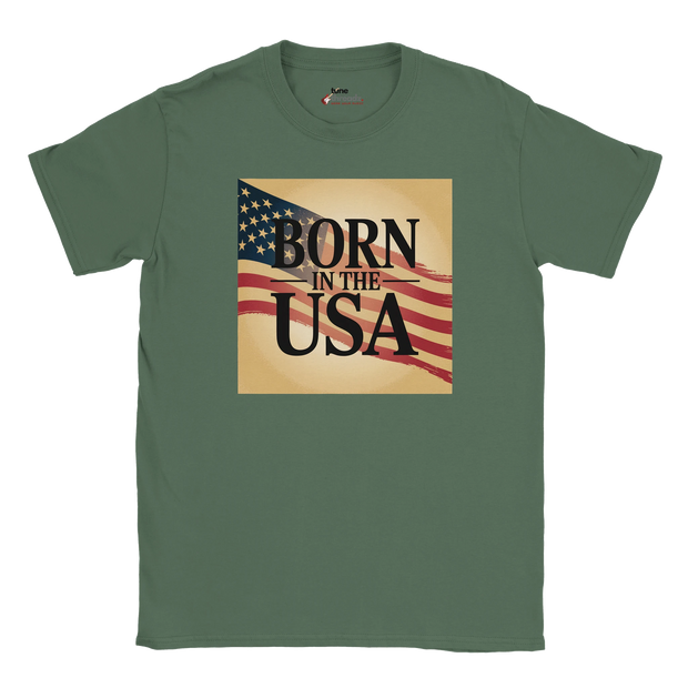 Model wearing relaxed-fit classic Born in the USA tee