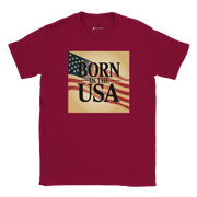 Close‑up of patriotic Born in the USA graphic on shirt