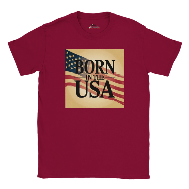 Close‑up of patriotic Born in the USA graphic on shirt