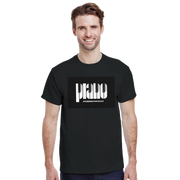 Model wearing Piano tee styled with headphones and sheet music