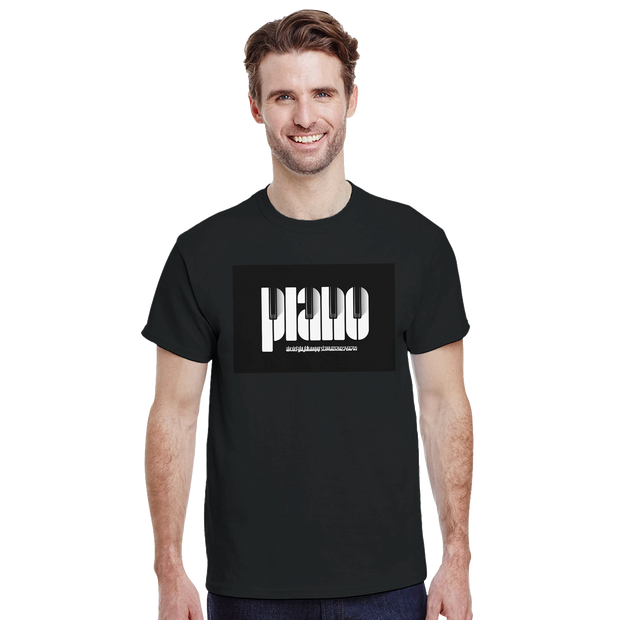 Model wearing Piano tee styled with headphones and sheet music