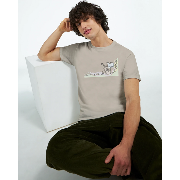 Model wearing Piano tee styled with vinyl and headphones