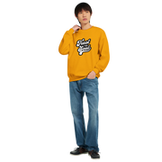 Lifestyle shot: sweatshirt paired with vinyl records and cozy decor